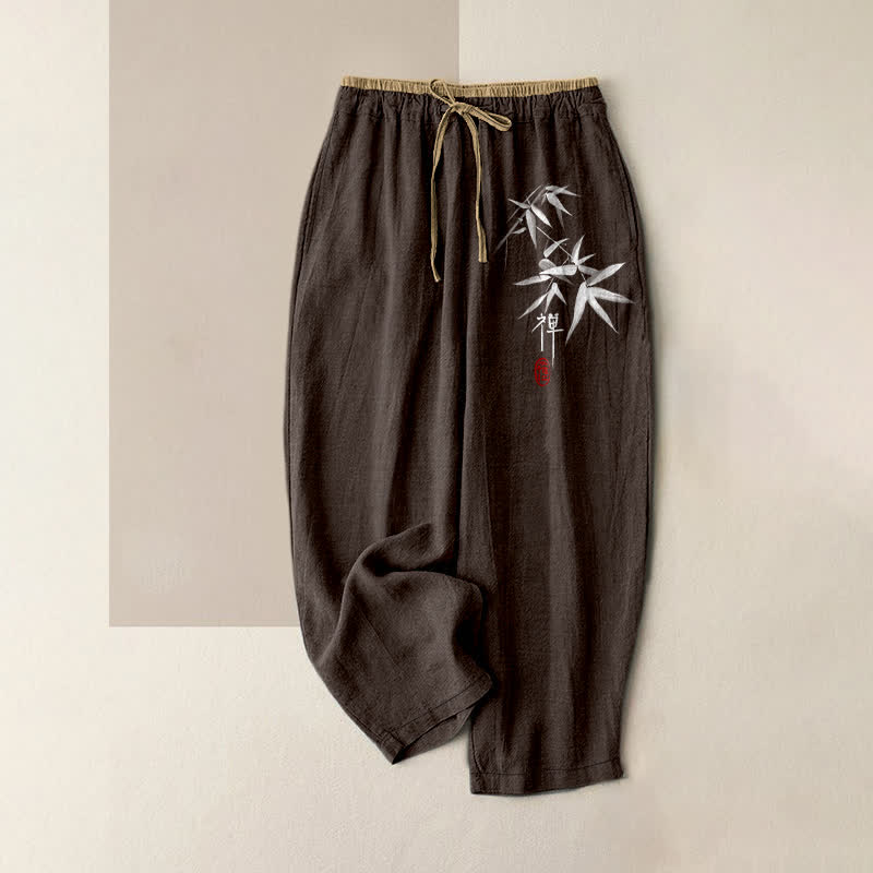 Nimara Ritual Pure Cotton Zen White Bamboo Pattern Women's Elastic Waist Pants With Pockets
