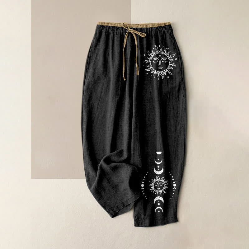 Nimara Ritual Pure Cotton Celestial Sun Moon & Star Pattern Women's Elastic Waist Pants With Pockets
