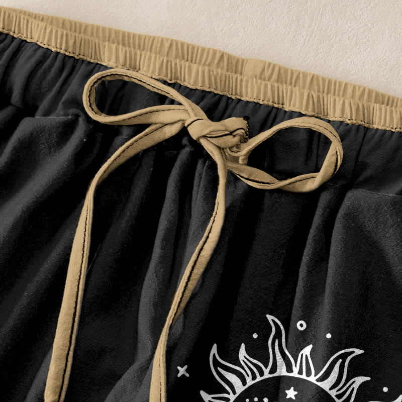Nimara Ritual Pure Cotton Celestial Sun Moon & Star Pattern Women's Elastic Waist Pants With Pockets