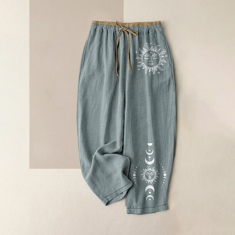 Nimara Ritual Pure Cotton Celestial Sun Moon & Star Pattern Women's Elastic Waist Pants With Pockets