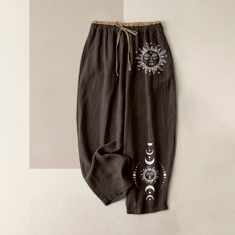 Nimara Ritual Pure Cotton Celestial Sun Moon & Star Pattern Women's Elastic Waist Pants With Pockets