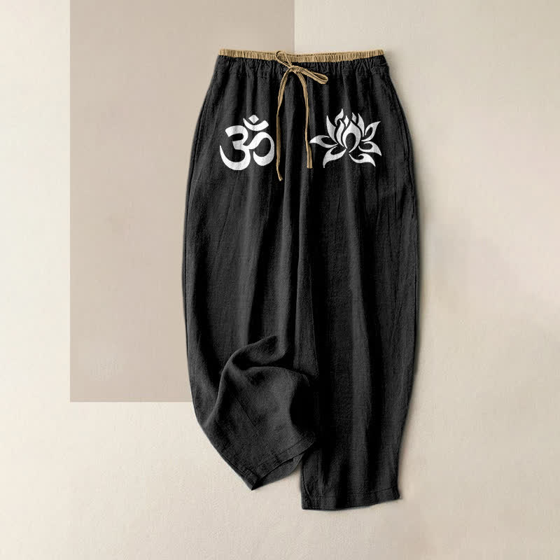 Nimara Ritual Pure Cotton White OM And Lotus Pattern Women's Elastic Waist Pants With Pockets