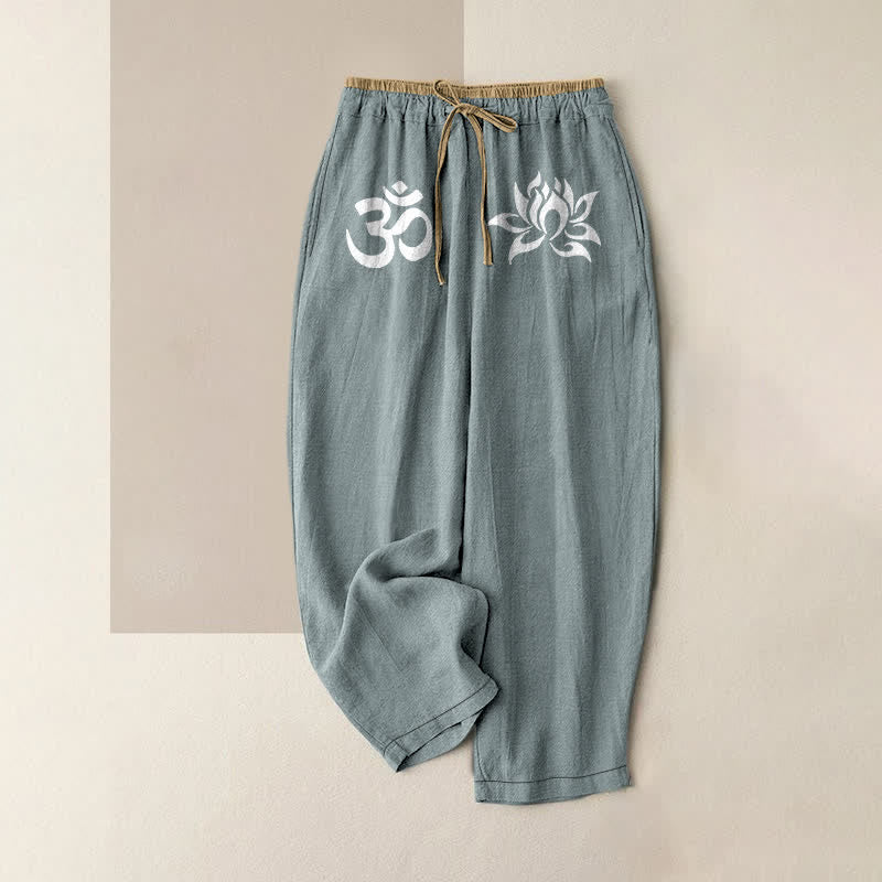 Nimara Ritual Pure Cotton White OM And Lotus Pattern Women's Elastic Waist Pants With Pockets