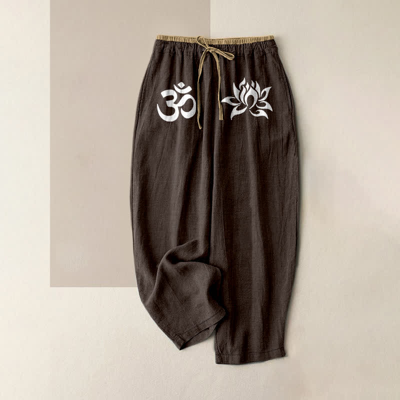 Nimara Ritual Pure Cotton White OM And Lotus Pattern Women's Elastic Waist Pants With Pockets