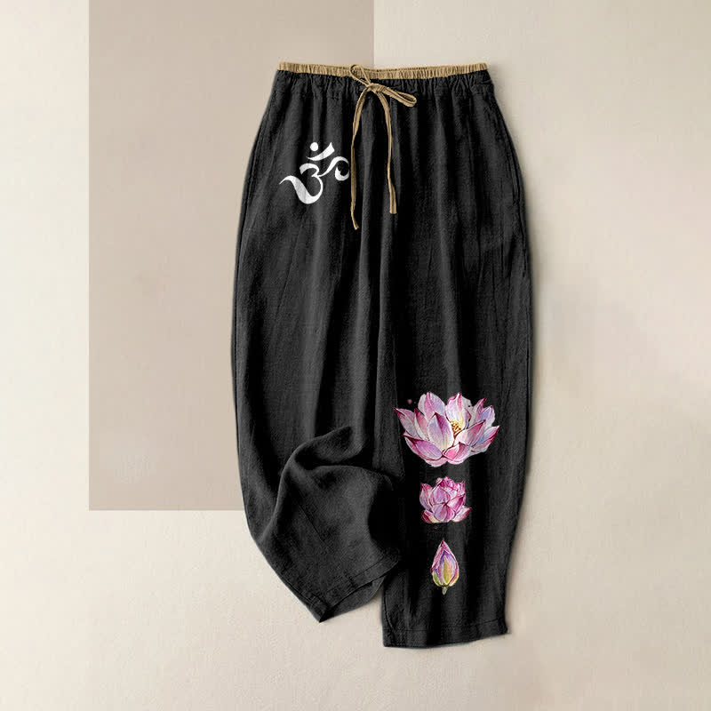 Nimara Ritual Pure Cotton OM Pink Lotus Pattern Women's Elastic Waist Pants With Pockets