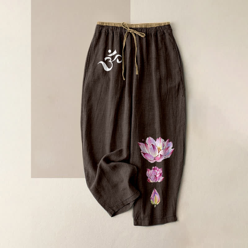 Nimara Ritual Pure Cotton OM Pink Lotus Pattern Women's Elastic Waist Pants With Pockets