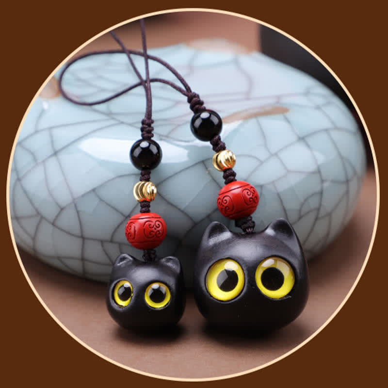 Nimara Ritual Ebony Wood Cute Cat Grounding Hand Carved Peace Keychains