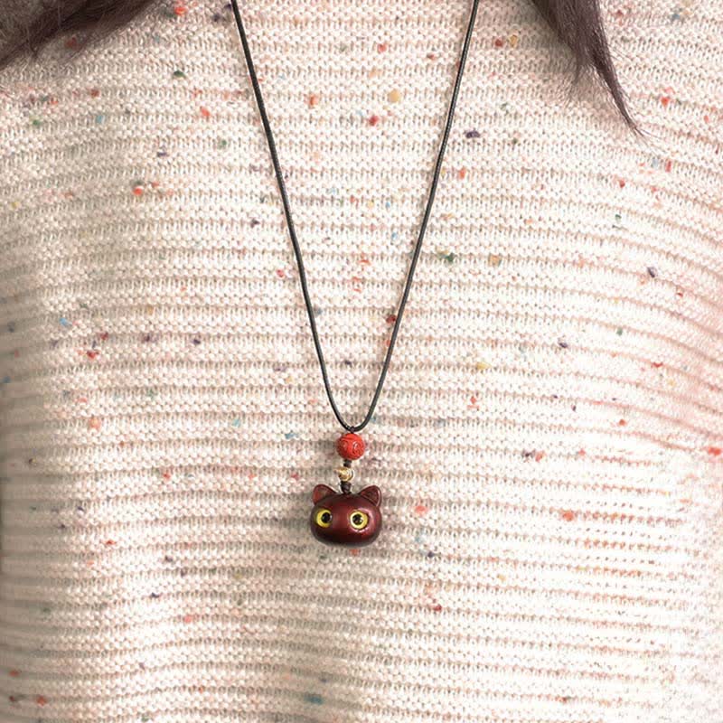 Nimara Ritual Ebony Wood Red Sandalwood Lucky Cat Adjustable Balance Necklace