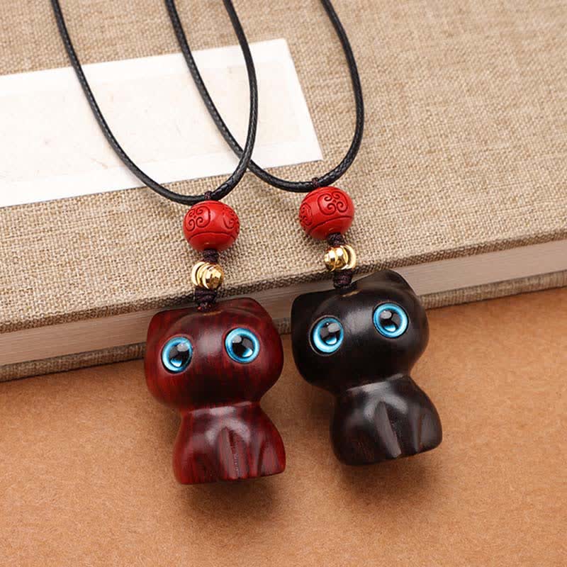 Nimara Ritual Ebony Wood Red Sandalwood Cute Cat Calm Necklace