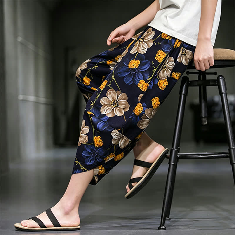 Nimara Ritual Summer Casual Boho Floral Capri Pants Men's Tapered Pants With Pockets