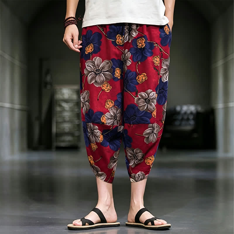 Nimara Ritual Summer Casual Boho Floral Capri Pants Men's Tapered Pants With Pockets