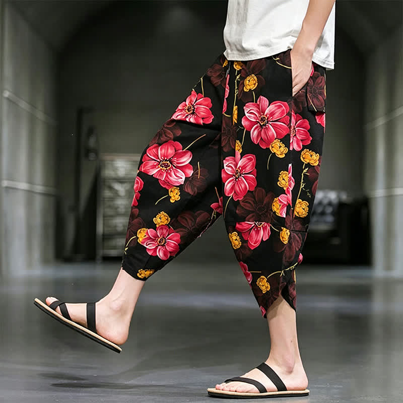 Nimara Ritual Summer Casual Boho Floral Capri Pants Men's Tapered Pants With Pockets