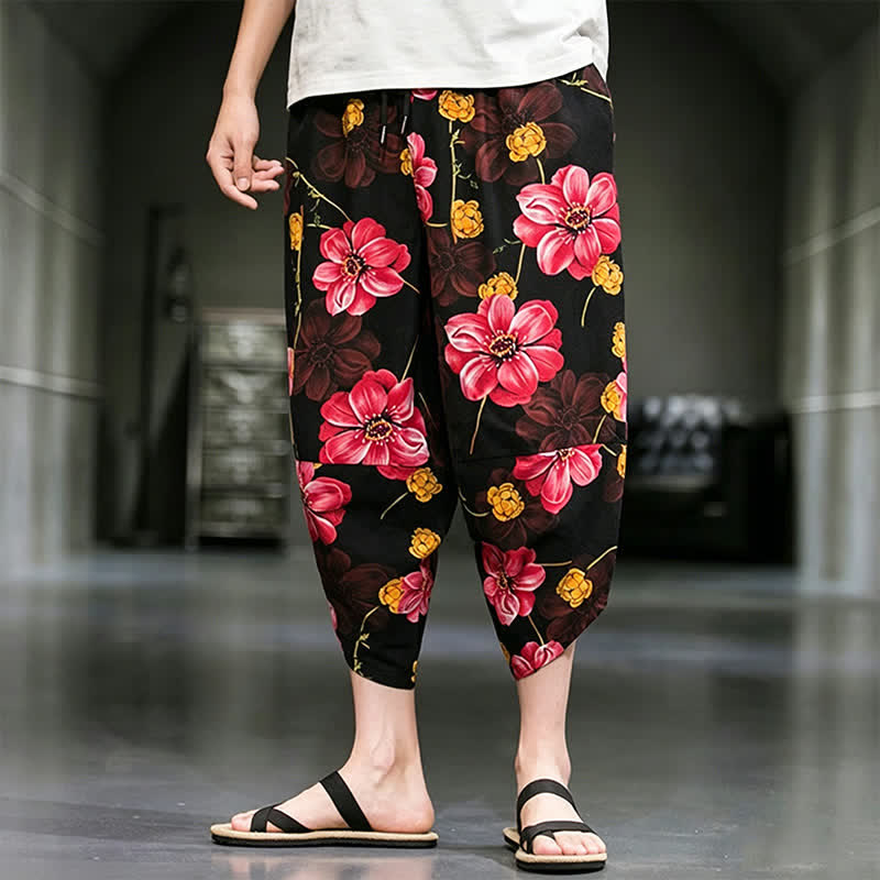 Nimara Ritual Summer Casual Boho Floral Capri Pants Men's Tapered Pants With Pockets
