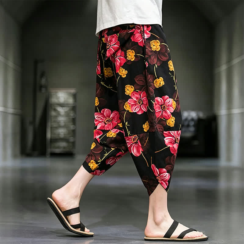 Nimara Ritual Summer Casual Boho Floral Capri Pants Men's Tapered Pants With Pockets