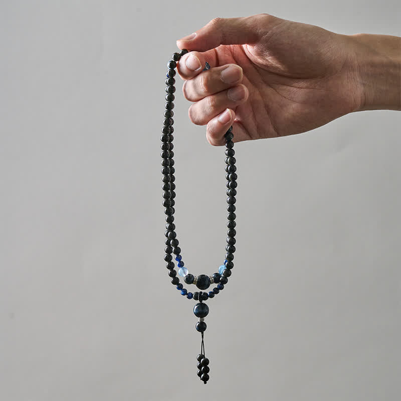 Nimara Ritual Black Obsidian Protection Handcrafted Round Tassel 108 Bead Mala