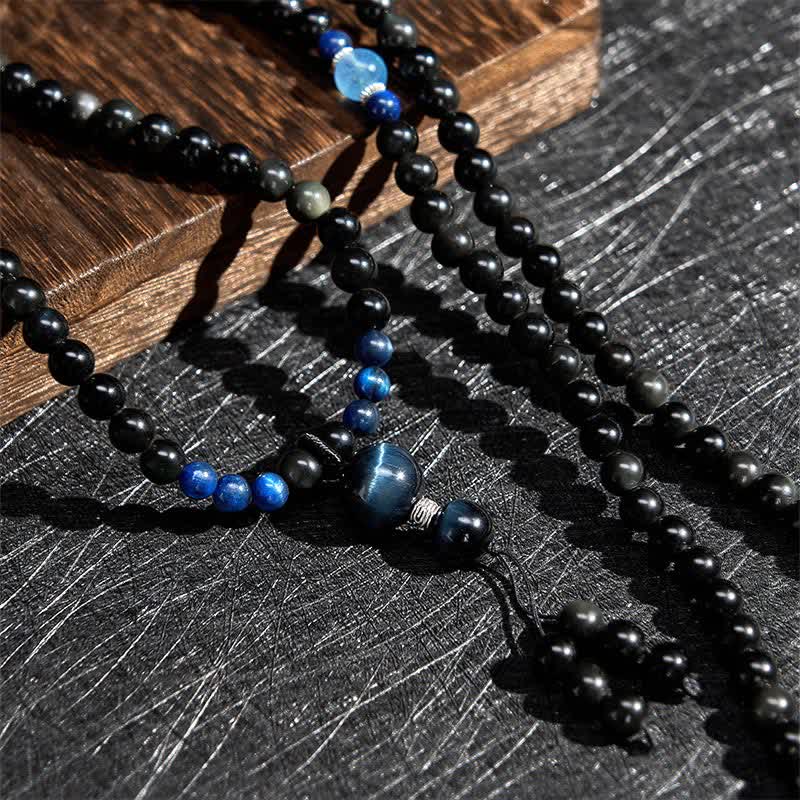 Nimara Ritual Black Obsidian Protection Handcrafted Round Tassel 108 Bead Mala