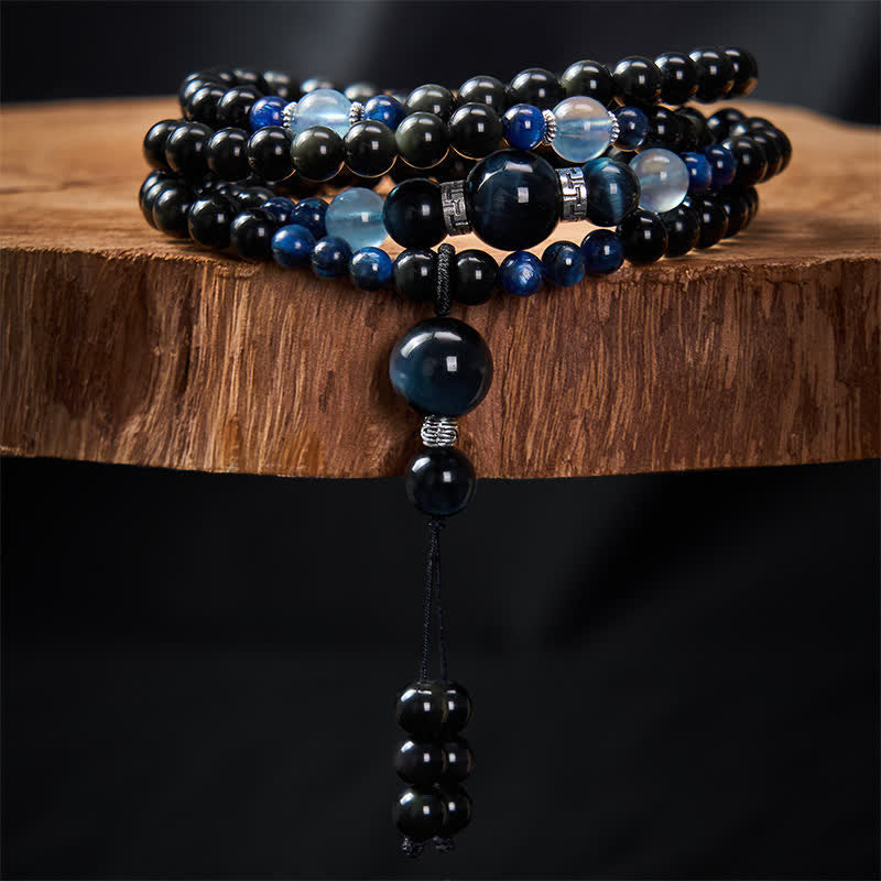 Nimara Ritual Black Obsidian Protection Handcrafted Round Tassel 108 Bead Mala