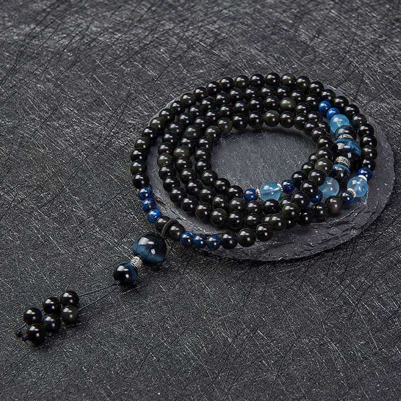 Nimara Ritual Black Obsidian Protection Handcrafted Round Tassel 108 Bead Mala