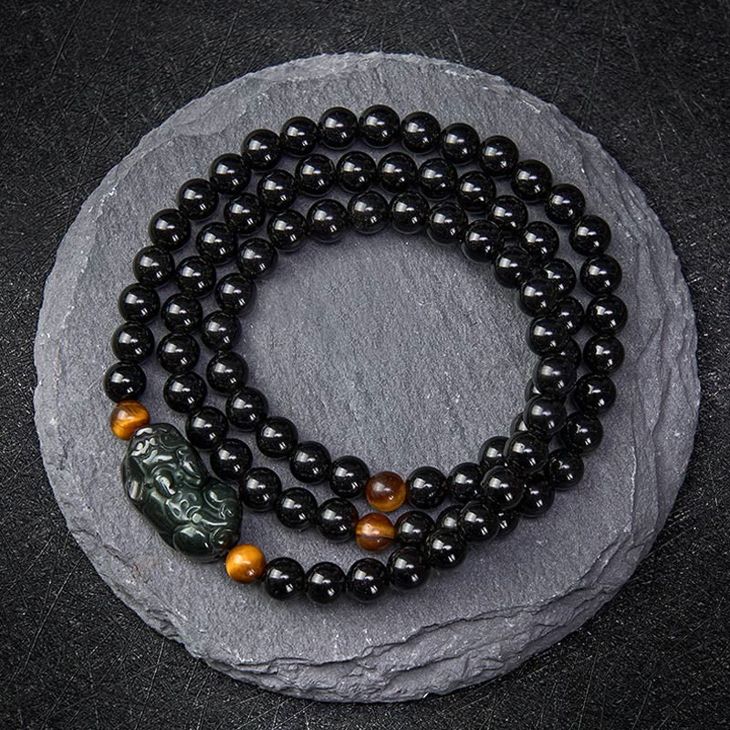 Nimara Ritual PiXiu Rainbow Obsidian Black Obsidian Wealth Hand Carved Bead Bracelet