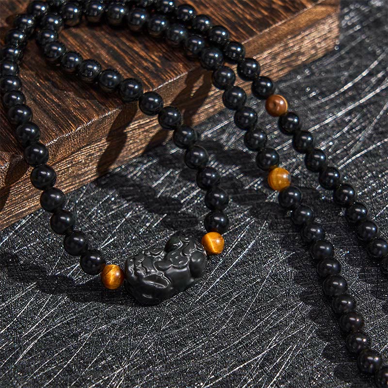 Nimara Ritual PiXiu Rainbow Obsidian Black Obsidian Wealth Hand Carved Bead Bracelet