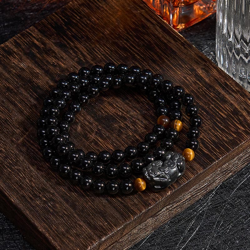 Nimara Ritual PiXiu Rainbow Obsidian Black Obsidian Wealth Hand Carved Bead Bracelet