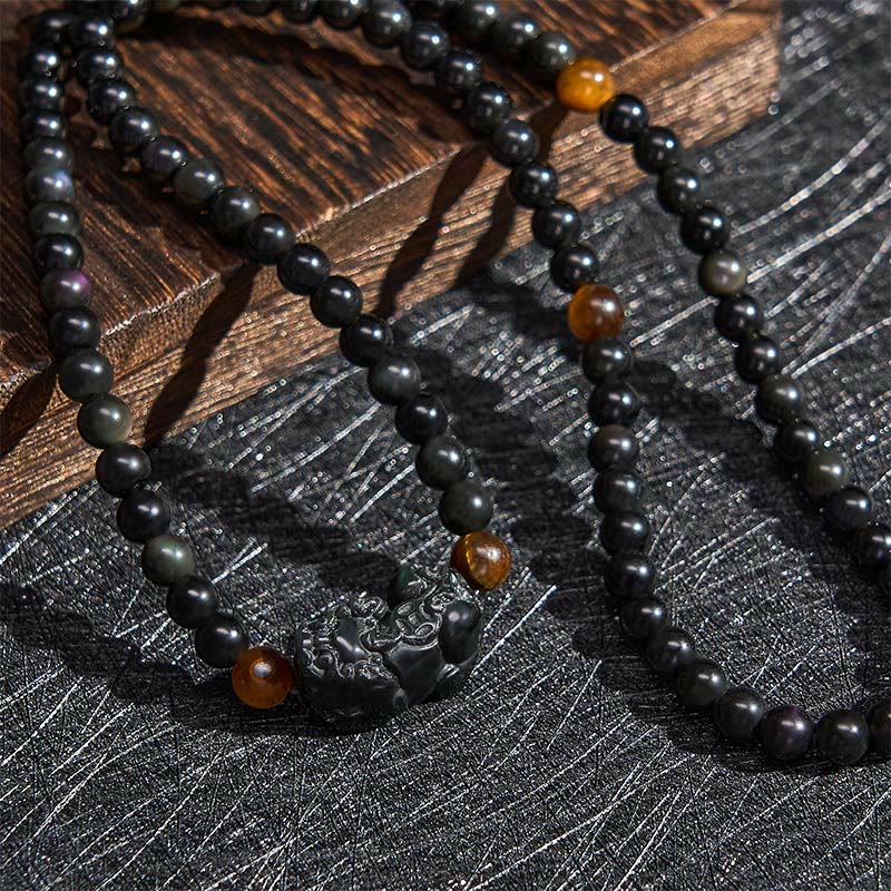 Nimara Ritual PiXiu Rainbow Obsidian Black Obsidian Wealth Hand Carved Bead Bracelet