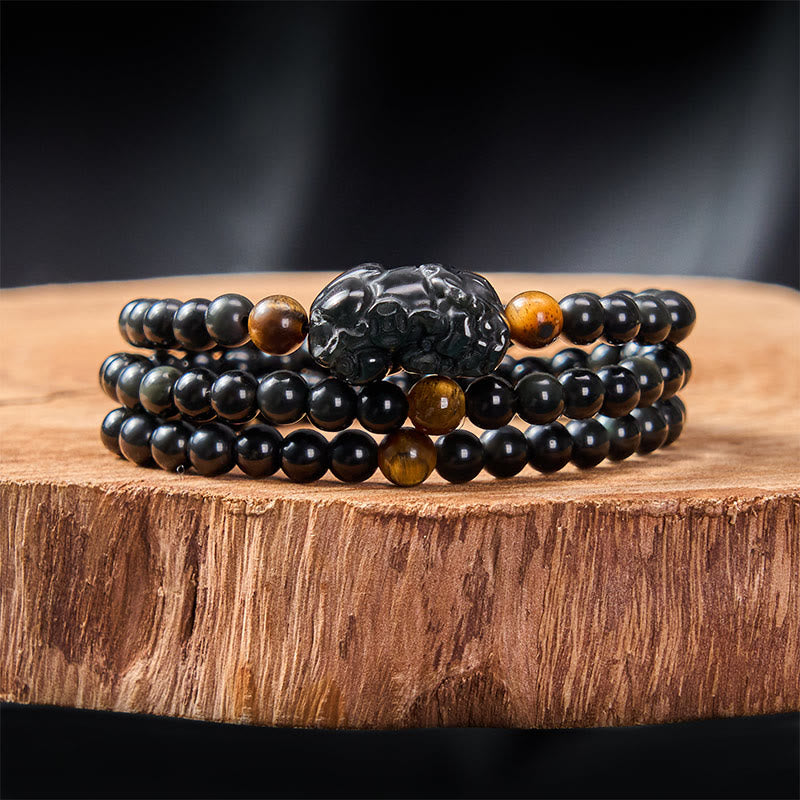Nimara Ritual PiXiu Rainbow Obsidian Black Obsidian Wealth Hand Carved Bead Bracelet