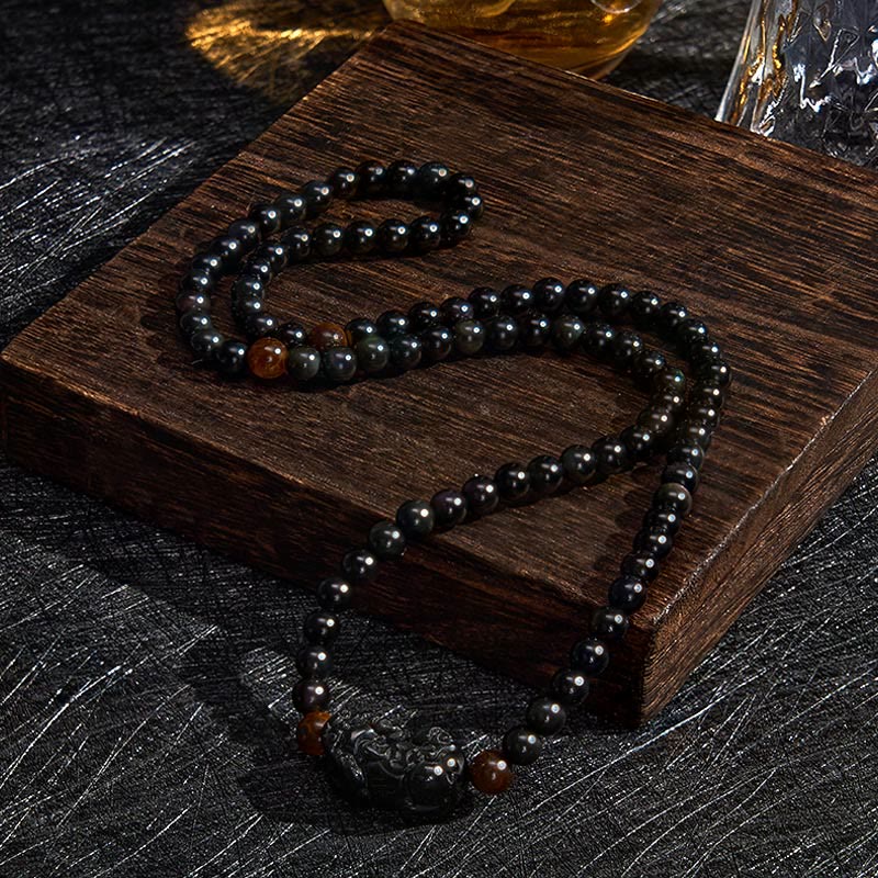 Nimara Ritual PiXiu Rainbow Obsidian Black Obsidian Wealth Hand Carved Bead Bracelet