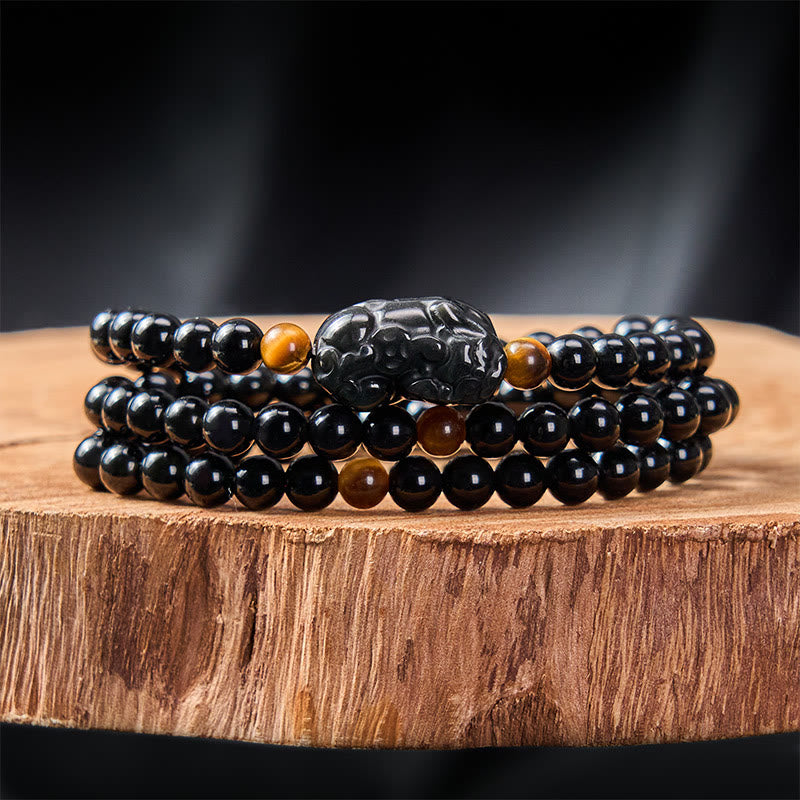 Nimara Ritual PiXiu Rainbow Obsidian Black Obsidian Wealth Hand Carved Bead Bracelet