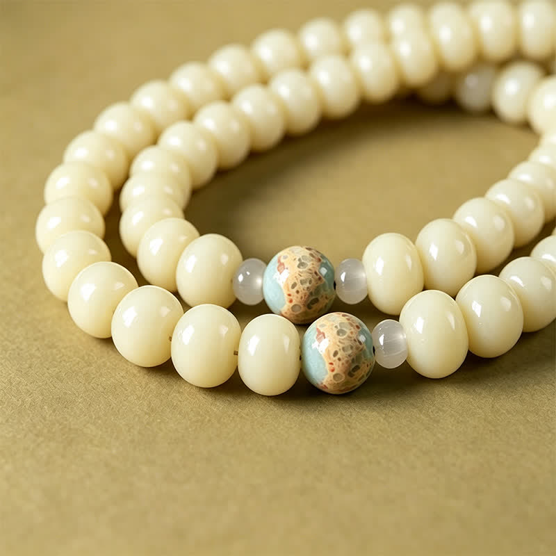 Nimara Ritual White Bodhi Seed Bodhisattva Tara Hope Hand-Woven Ethnic 108 Bead Mala