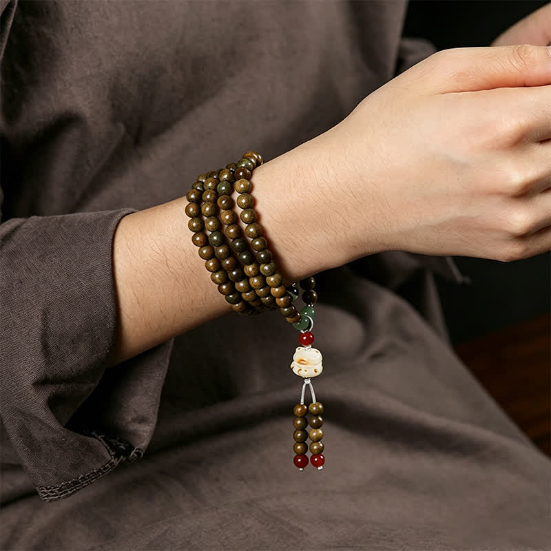 Nimara Ritual Green Sandalwood Serenity Hand-Woven Cat Charm Retro Ethnic Mala
