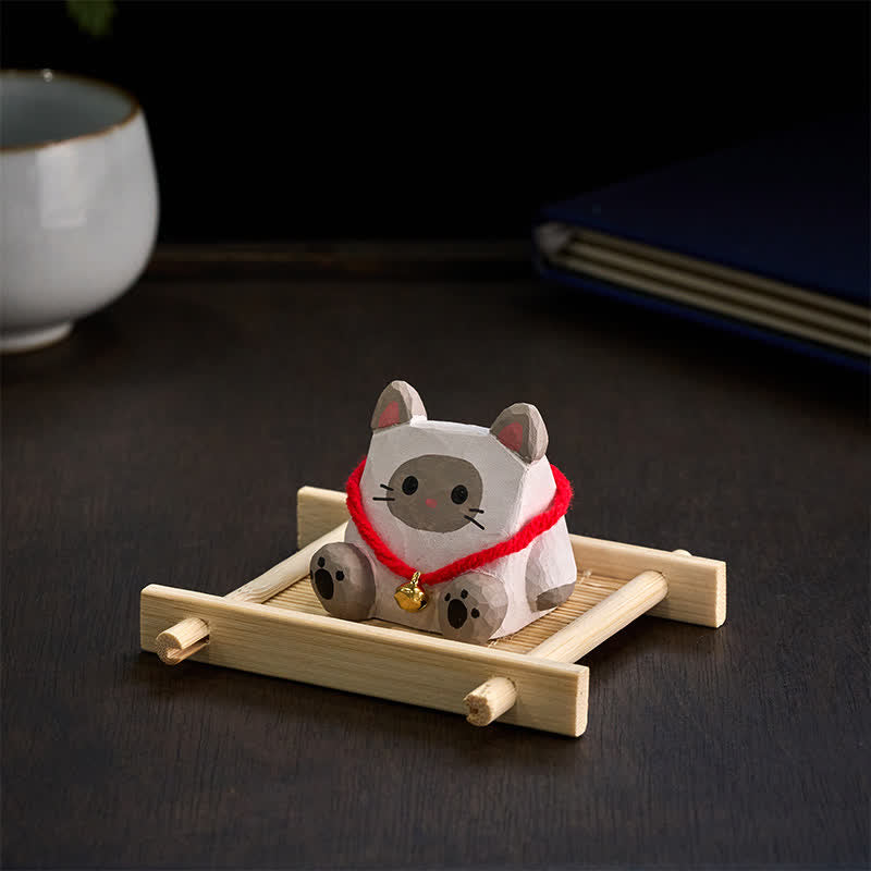 Nimara Ritual Hand-Carved Basswood Cute Animal Cat ELephant Desk Decoration