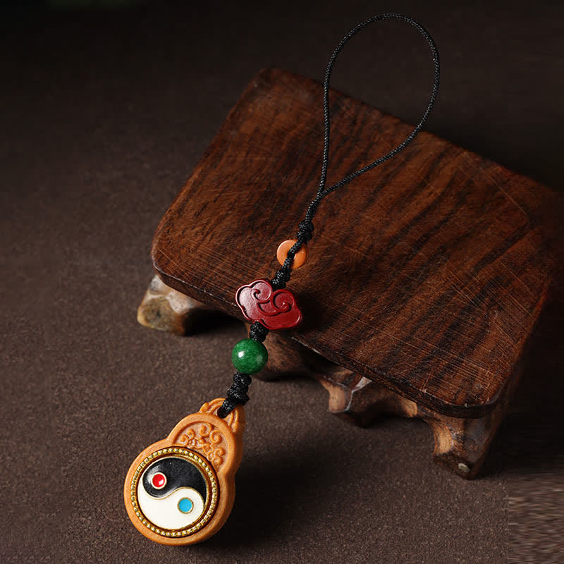 Protection and Purification Green Sandalwood Bagua Yin Yang Gourd Phone Hanging Decoration