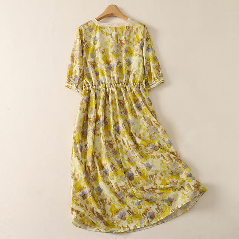 Nimara Ritual Spring Summer Vintage Drawstring Floral Women's Short Sleeve Dresses With Pocket