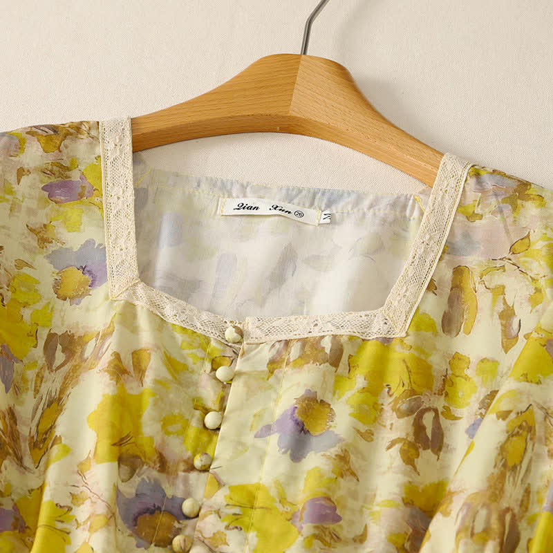 Nimara Ritual Spring Summer Vintage Drawstring Floral Women's Short Sleeve Dresses With Pocket
