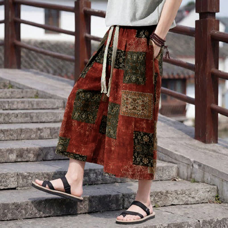 Nimara Ritual Summer Boho Vintage Drawstring Floral Capri Pants Men's Straight Leg Pants With Pocket