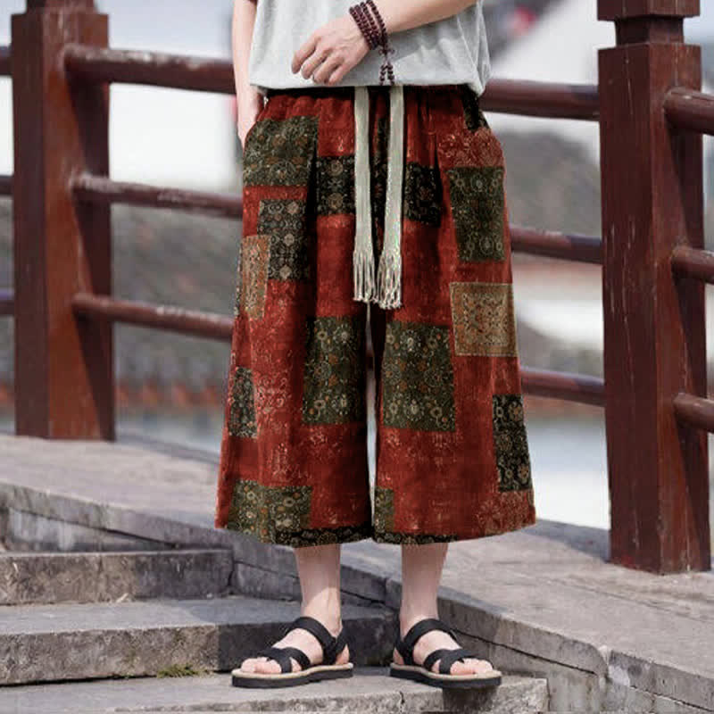 Nimara Ritual Summer Boho Vintage Drawstring Floral Capri Pants Men's Straight Leg Pants With Pocket