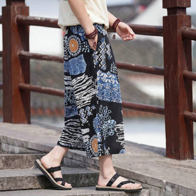 Nimara Ritual Summer Boho Vintage Drawstring Floral Capri Pants Men's Straight Leg Pants With Pocket