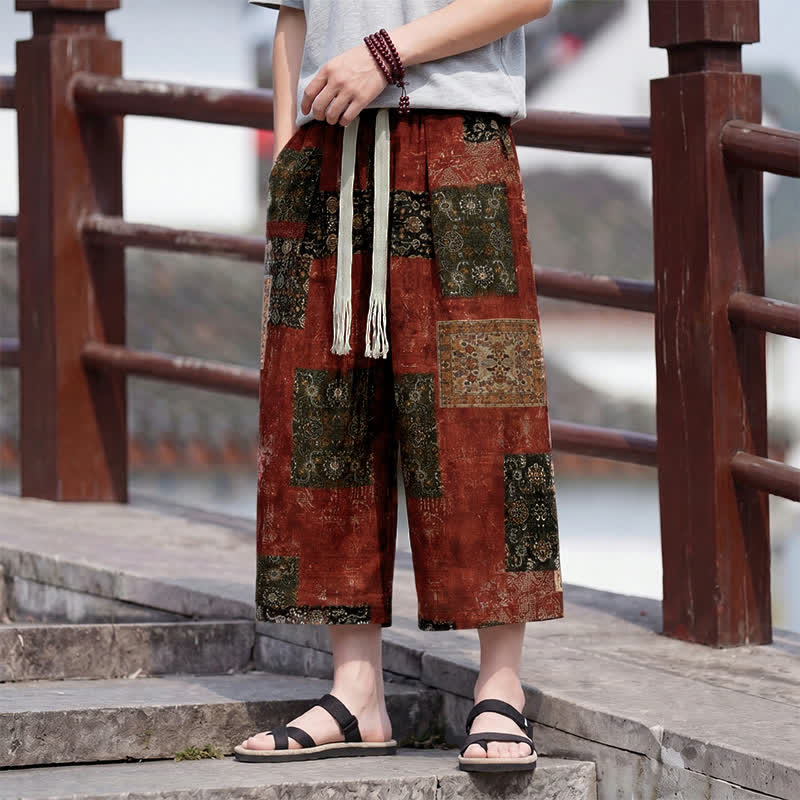 Nimara Ritual Summer Boho Vintage Drawstring Floral Capri Pants Men's Straight Leg Pants With Pocket