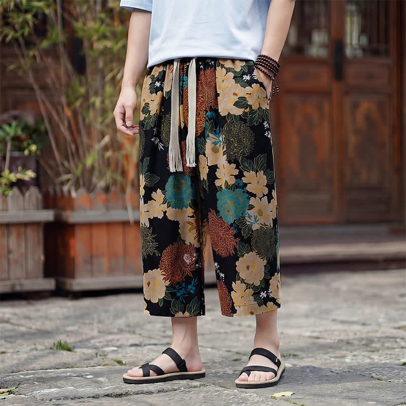 Nimara Ritual Summer Boho Vintage Drawstring Floral Capri Pants Men's Straight Leg Pants With Pocket