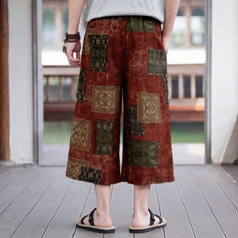 Nimara Ritual Summer Boho Vintage Drawstring Floral Capri Pants Men's Straight Leg Pants With Pocket