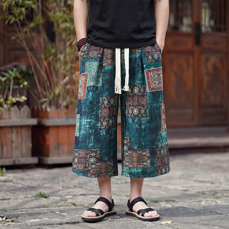 Nimara Ritual Summer Boho Vintage Drawstring Floral Capri Pants Men's Straight Leg Pants With Pocket