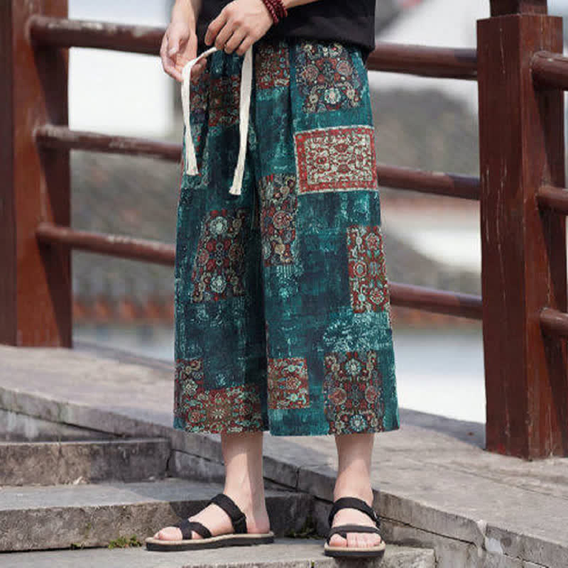 Nimara Ritual Summer Boho Vintage Drawstring Floral Capri Pants Men's Straight Leg Pants With Pocket