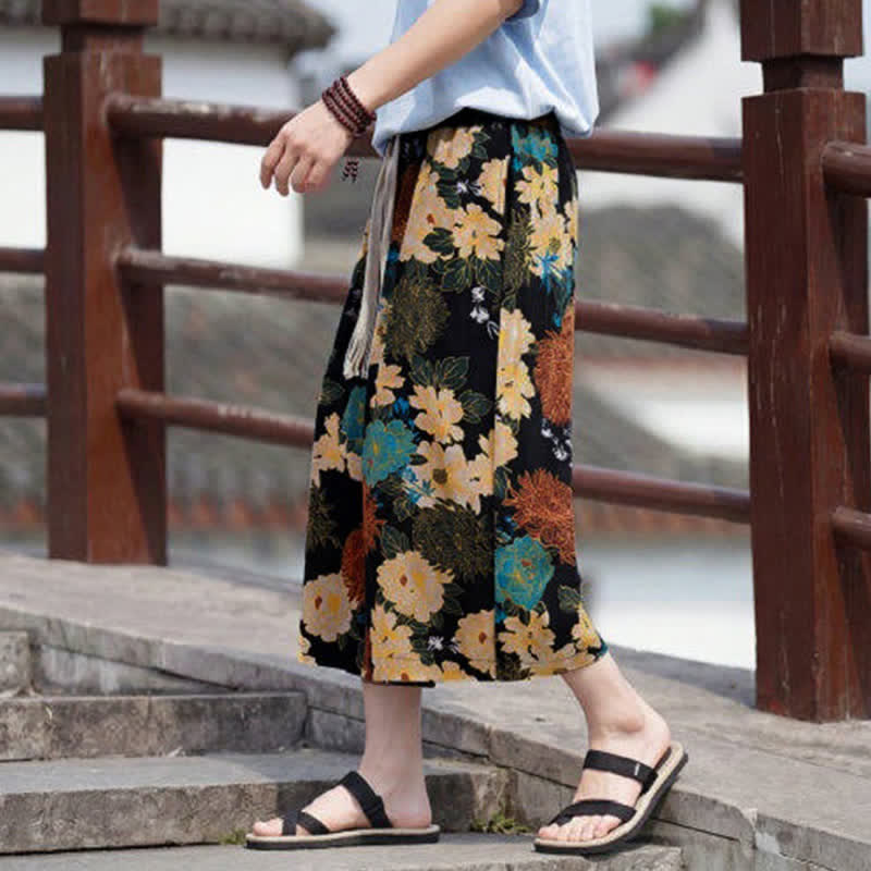 Nimara Ritual Summer Boho Vintage Drawstring Floral Capri Pants Men's Straight Leg Pants With Pocket