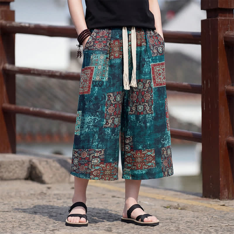 Nimara Ritual Summer Boho Vintage Drawstring Floral Capri Pants Men's Straight Leg Pants With Pocket