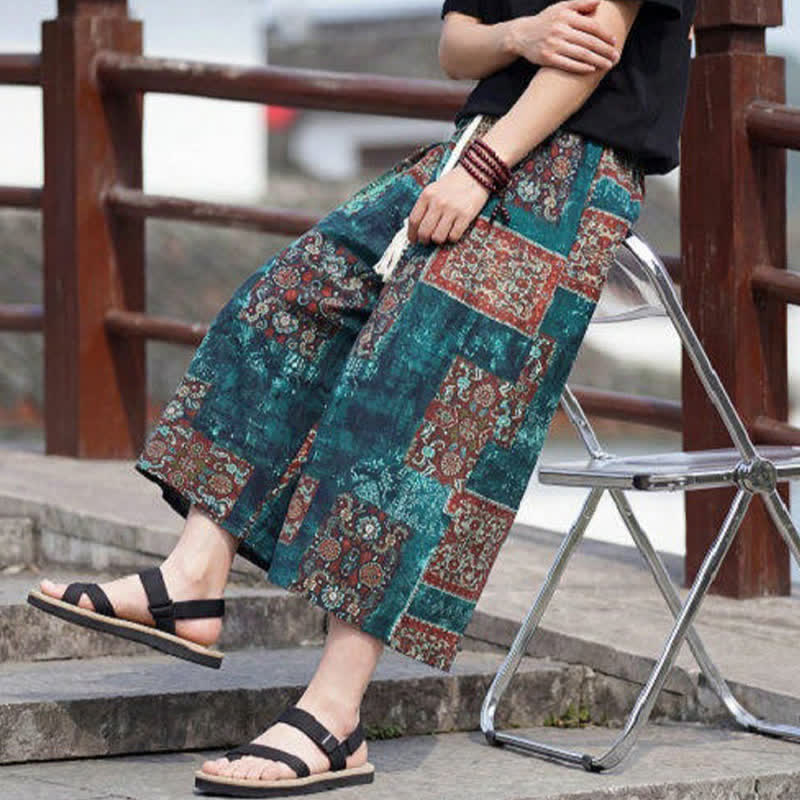 Nimara Ritual Summer Boho Vintage Drawstring Floral Capri Pants Men's Straight Leg Pants With Pocket
