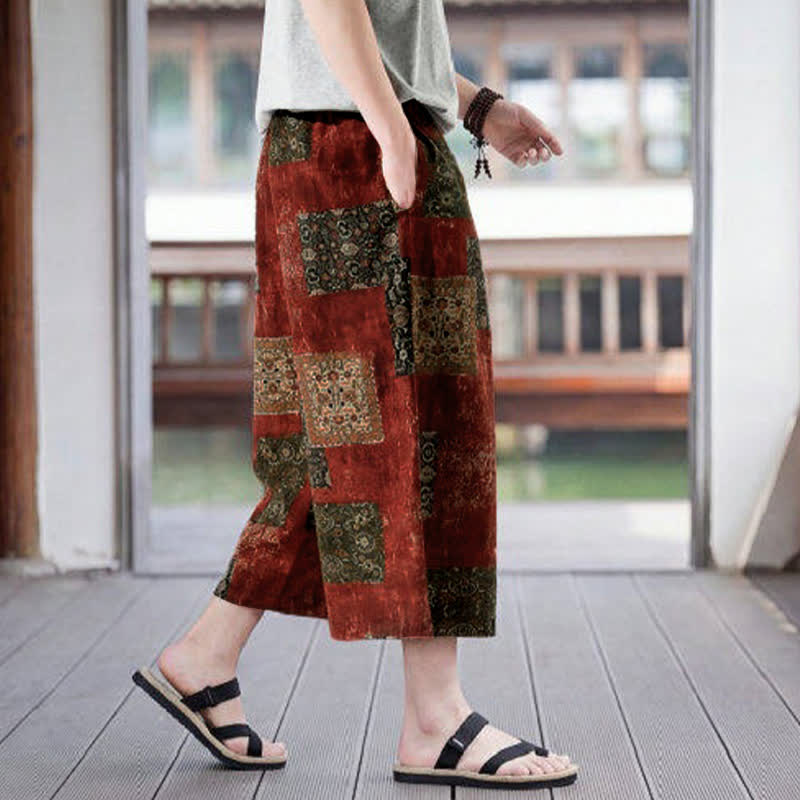 Nimara Ritual Summer Boho Vintage Drawstring Floral Capri Pants Men's Straight Leg Pants With Pocket