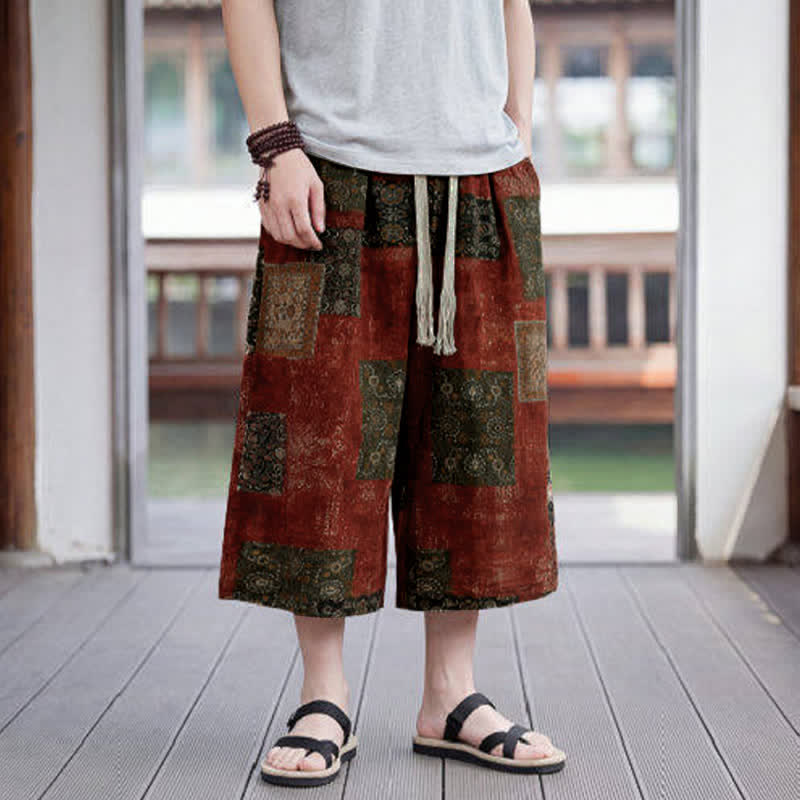 Nimara Ritual Summer Boho Vintage Drawstring Floral Capri Pants Men's Straight Leg Pants With Pocket