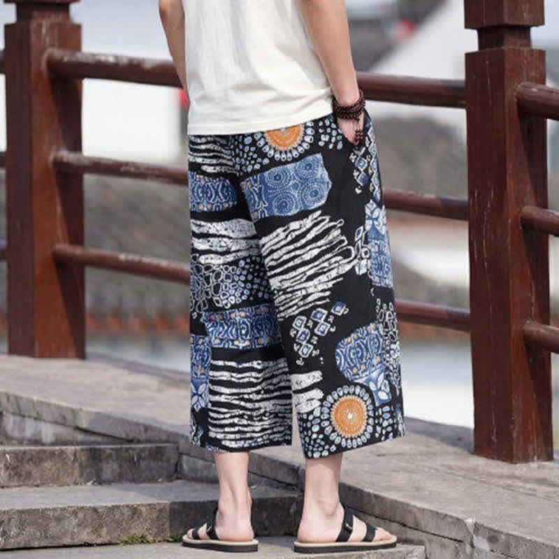 Nimara Ritual Summer Boho Vintage Drawstring Floral Capri Pants Men's Straight Leg Pants With Pocket
