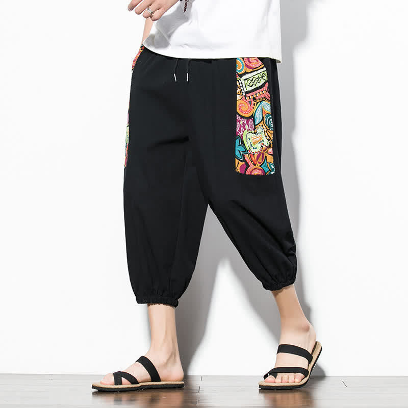 Nimara Ritual Summer Casual Boho Drawstring Abstract Capri Pants Men's Harem Pants With Pocket